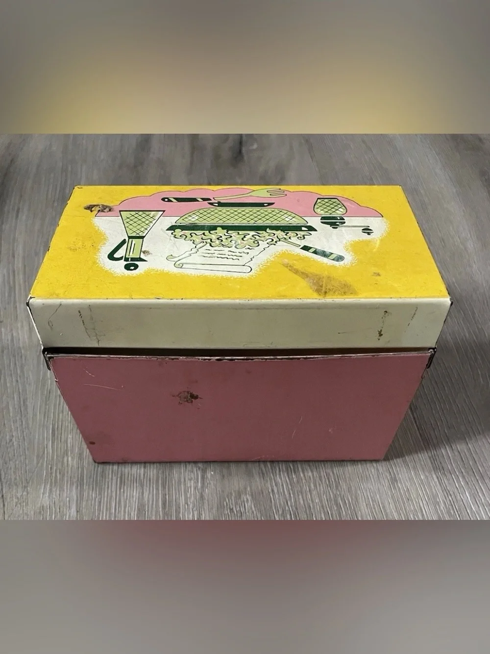 Vintage Ohio Art Metal Recipe Box Pink Yellow MCM Kitchen Tin Handwritten Recipe